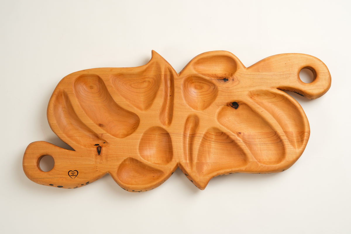 Cherry Wood Serving Board with Snack Bowls